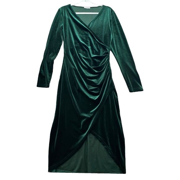 Emerald Velvet Dress Large Cocktail Holiday Elegant Elevated Old Money Stretch - Picture 7 of 16